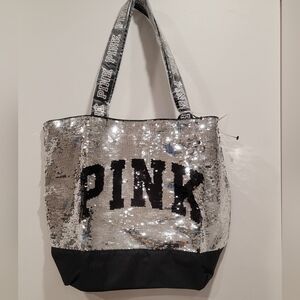 NWT Victoria's Secret PINK Flip Sequin Bling Logo Tote Bag Silver/Gold/Black